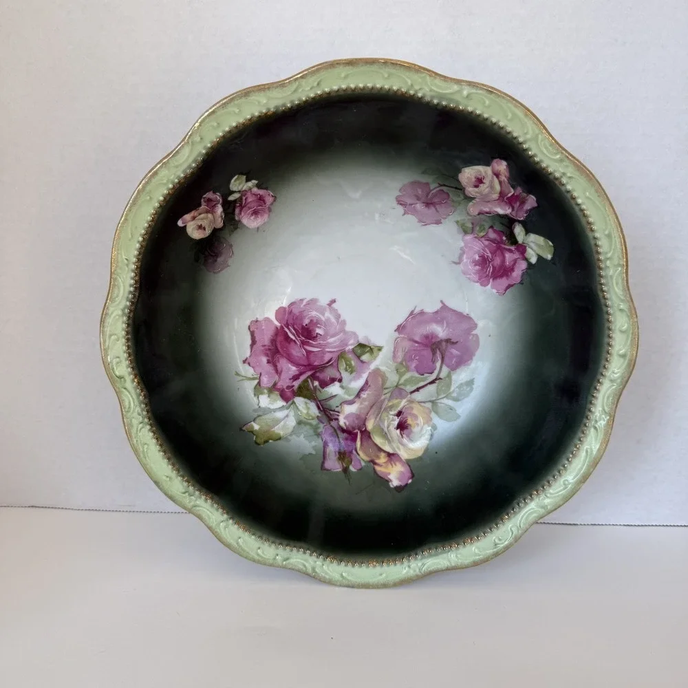 Three Crown China Germany Hand Painted Bowl Roses Gilt Edge‎ 9.5